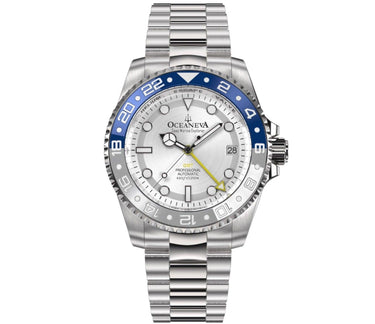 Oceaneva Men's Automatic GMT Watch 1250m Silver Dial Watch - WH.BL.NH.WH.GMT.ST automatic GMT watch, Automatic watches, Diver GMT, GMT Dive Watch, men's gmt watches